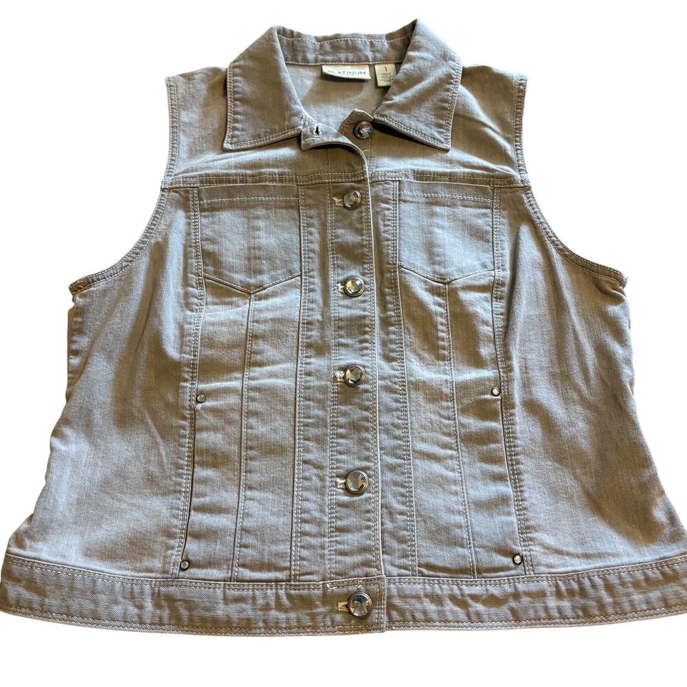 Chico's Platinum Gray Denim Vest Crystal Buttons 1 Chic Weekend